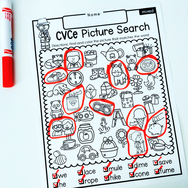 CVCe Long Vowels Phonics Picture Search I Spy Read and Find Worksheet Puzzles