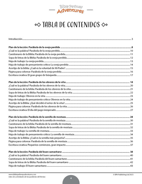 Libro de actividades de las parábolas del Mesías