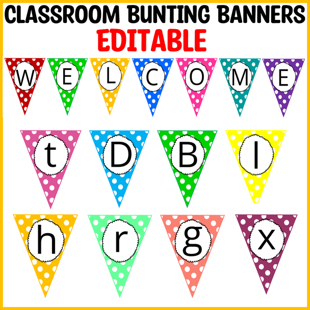 Printable Polka Dots Bunting Banners, Editable Classroom Bunting Banners, Decor