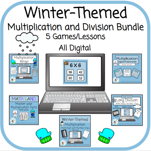 Multiplication and Division Math Bundle - 5 Winter-Themed Games/Lessons/Flashcards