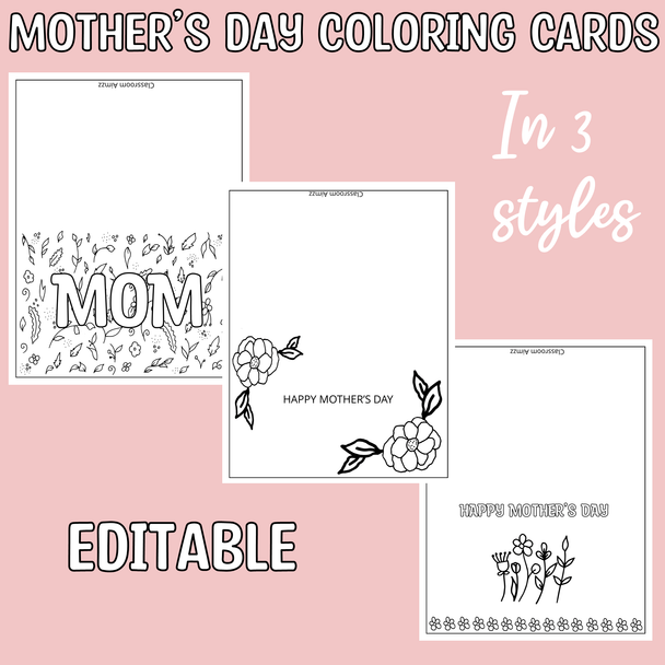 Mother's Day Cards, Mother's Day Coloring Page, Editable Coloring Cards