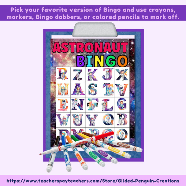 Astronaut Bingo Cards Alphabet Activity Game For Classroom Parties - 5x5