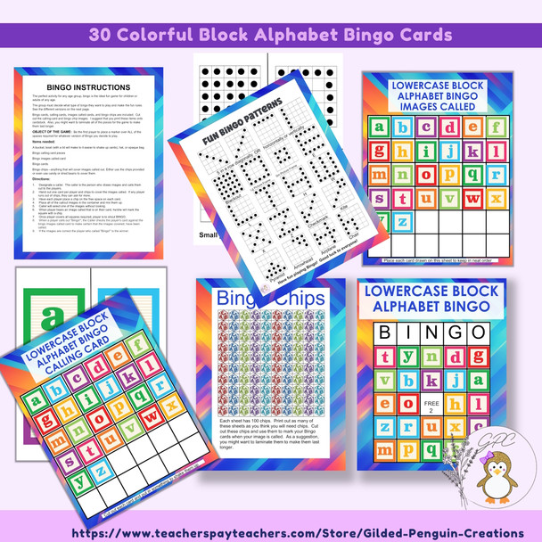 Lowercase Alphabet Bingo Cards with Block Letters Game - 5x5