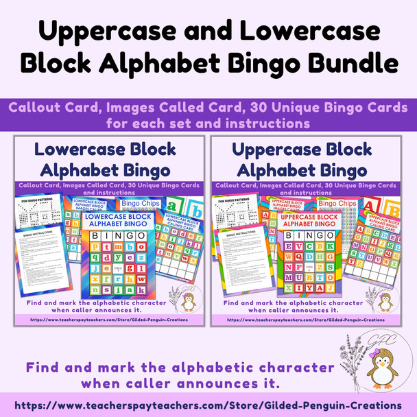 Lowercase and Uppercase Alphabet Bingo Bundle with Block Letters - 5x5