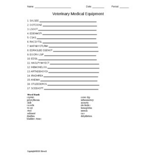 Veterinary Medical Equipment Word Scramble for Vet. Science Students