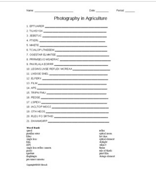 "Photography" Word Scramble for an Ag. Communications Course