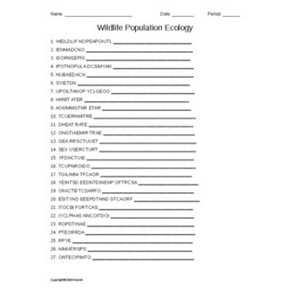 Wildlife Population Ecology Word Scramble