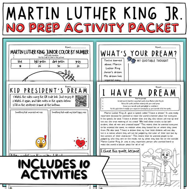 Martin Luther King Jr. | Reading | Writing | Math | No Prep Activity Packet