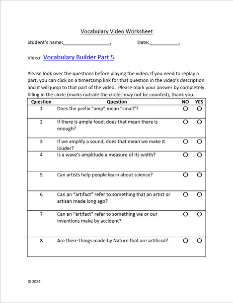 "Vocabulary Builder Part 5" Video sheet, Google Forms, Canvas & more V2