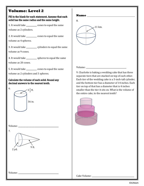 Level Ups: Volume of Cylinders, Cones, & Spheres Review Activity 8th Grade Math