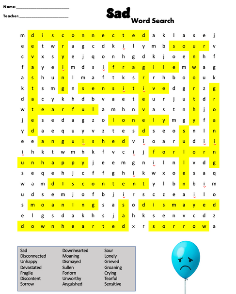 Social Emotional Learning - 'Negative' Emotions Word Search - SEL Worksheet