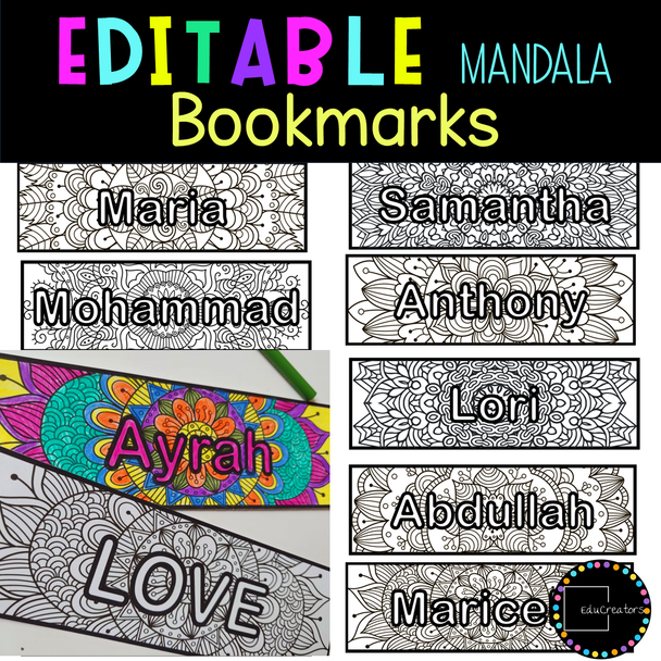 Editable Bookmarks | Mandala Coloring Name Bookmarks | Back to School