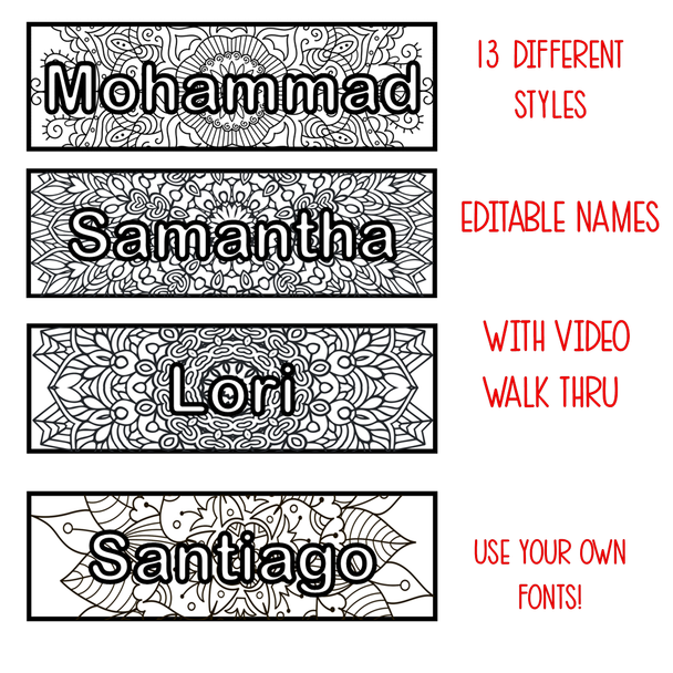Editable Bookmarks | Mandala Coloring Name Bookmarks | Back to School