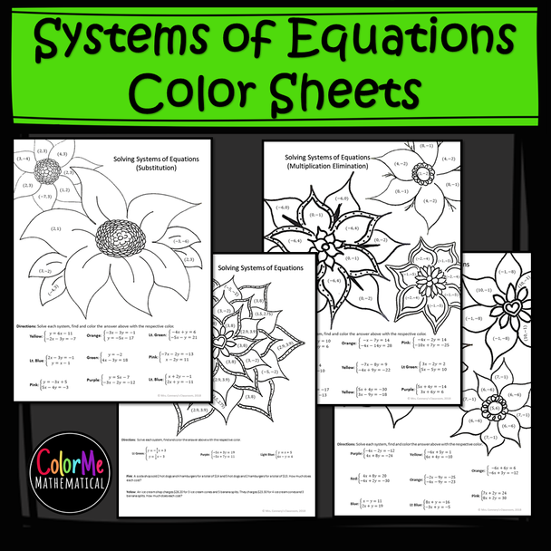 Solving Systems of Equations Color by Number Worksheets