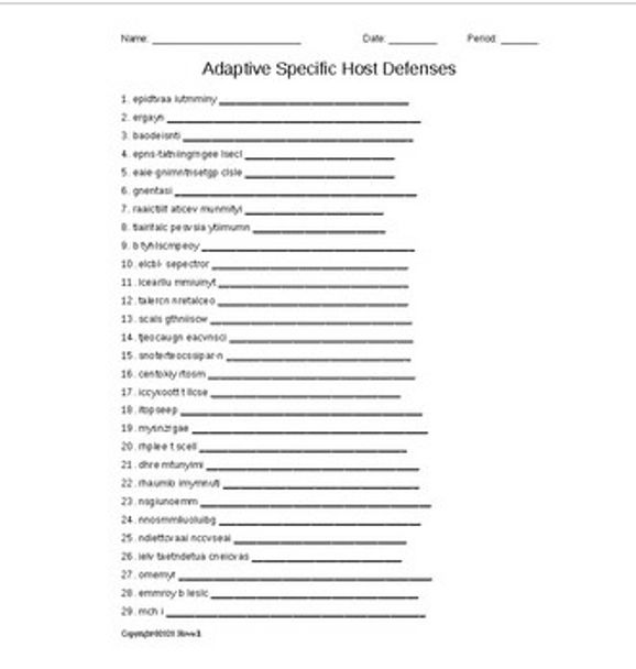 Adaptive Specific Host Defenses Word Scramble for a Microbiology Course