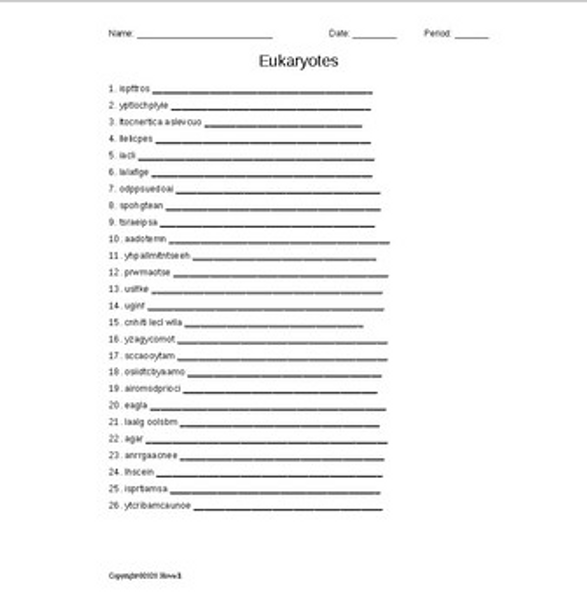 Eukaryotes Word Scramble for a Microbiology Course