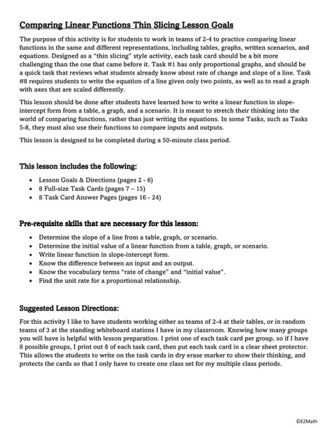 Comparing Linear Functions BTC Thin Slicing Group Activity | Grade 8 Math