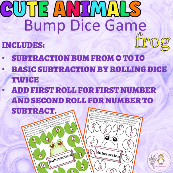 Addition and Subtraction Bump Game Cute Animals-FROG Math Dice Game