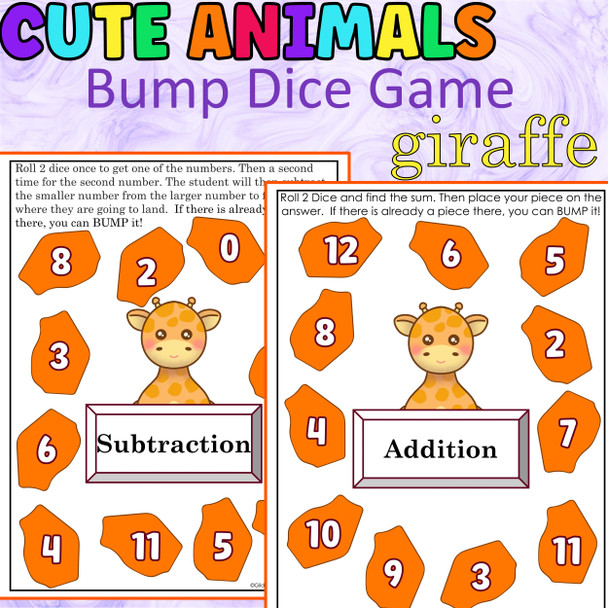Addition and Subtraction Bump Game Cute Animals-GIRAFFE Math Dice Game
