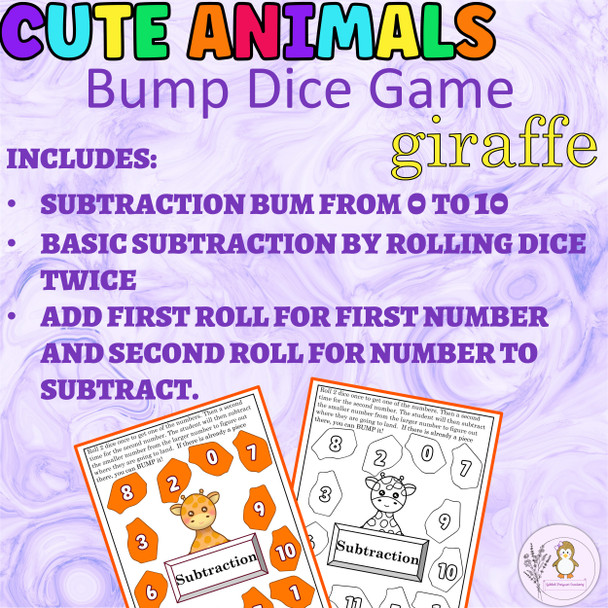 Addition and Subtraction Bump Game Cute Animals-GIRAFFE Math Dice Game