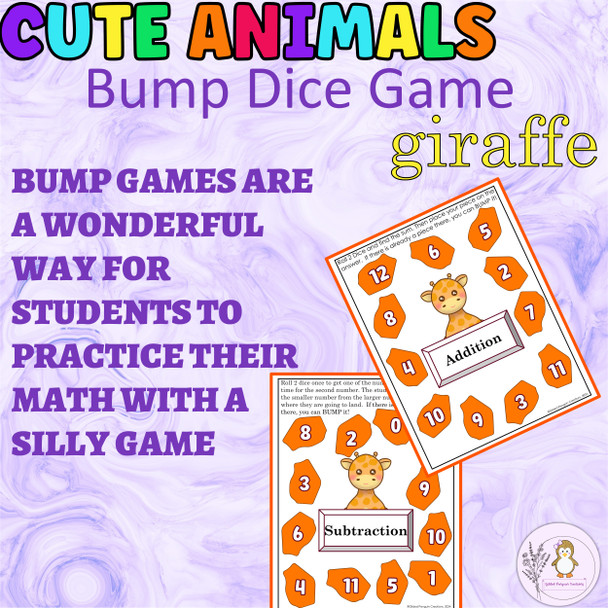 Addition and Subtraction Bump Game Cute Animals-GIRAFFE Math Dice Game