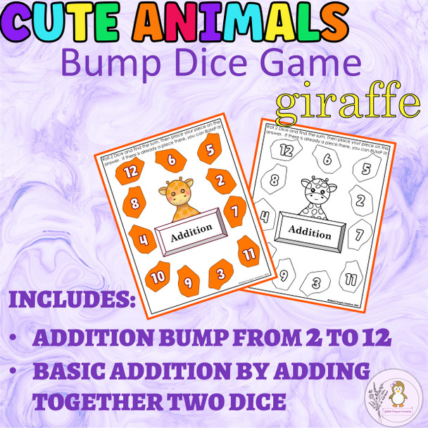 Addition and Subtraction Bump Game Cute Animals-GIRAFFE Math Dice Game