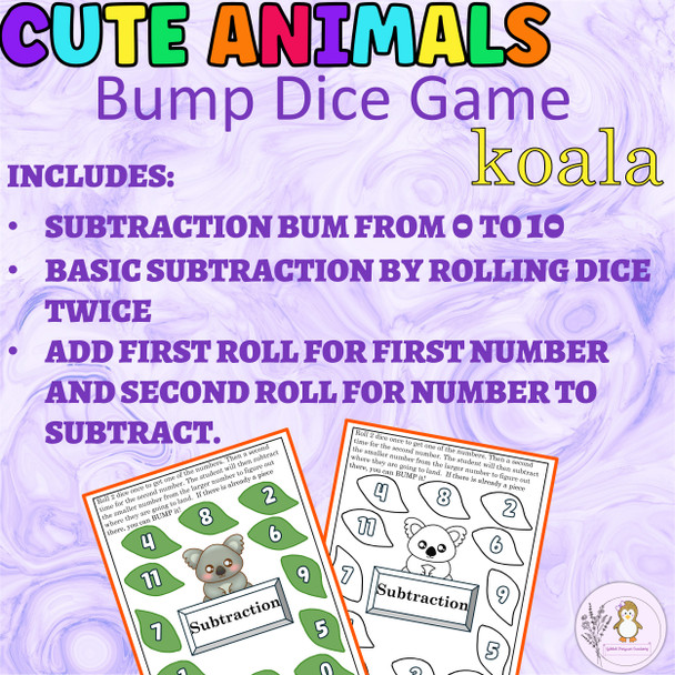 Addition and Subtraction Bump Game Cute Animals-KOALA Math Dice Game