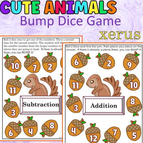 Addition and Subtraction Bump Game Cute Animals-XERUS Math Dice Game