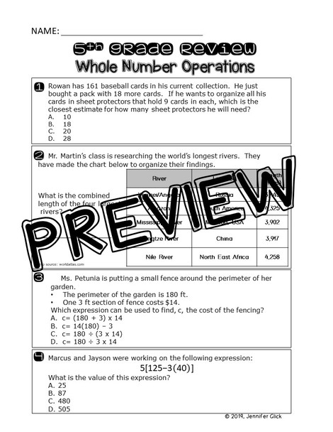 5th Grade Review: Whole Number Operations