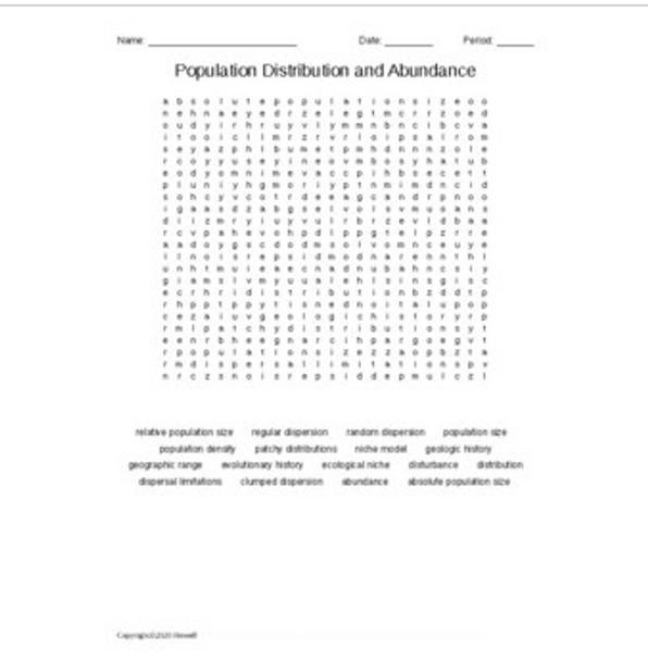 Population, Distribution, and Abundance Word Search for an Ecology Course
