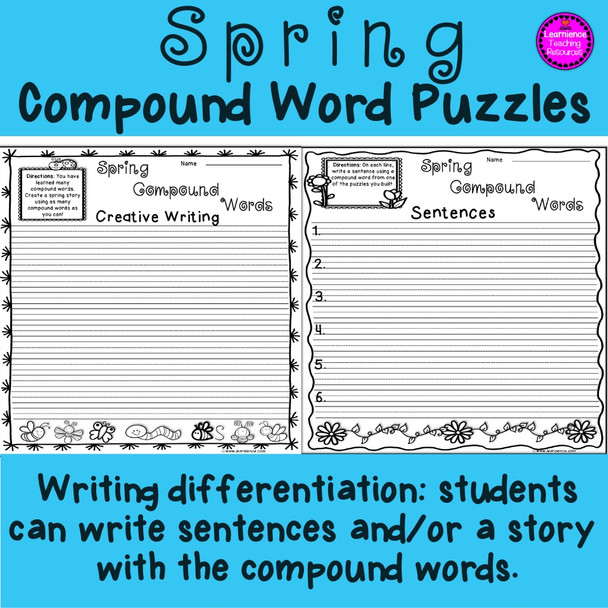 Writing templates included for lesson extension. Students write sentences or a story using the compound words.