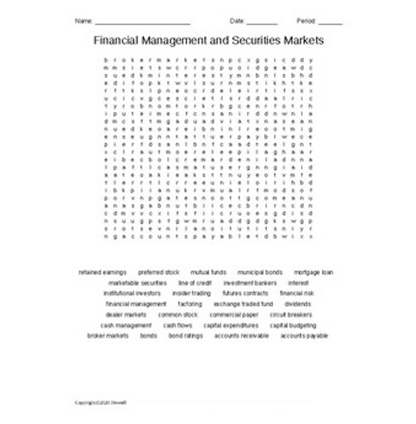 Financial Management and Securities Markets Word Search for a Business Course