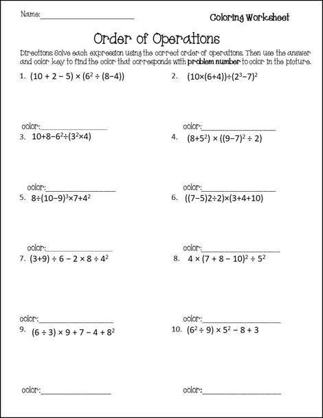 Order of Operations Coloring Activity