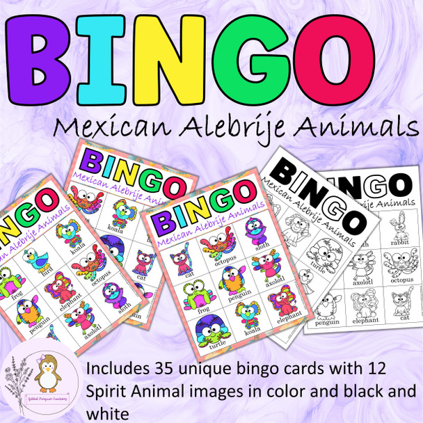 Alebrije Animals Bingo Cards Mexican Spirit Animals Dia de los Muertos 3x3