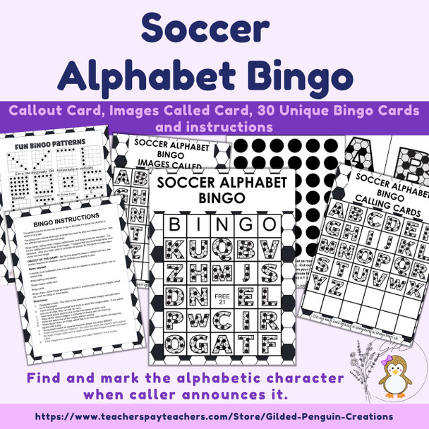Alphabet Bingo Cards with Soccer Themed Letters Game for Classroom Parties - 5x5
