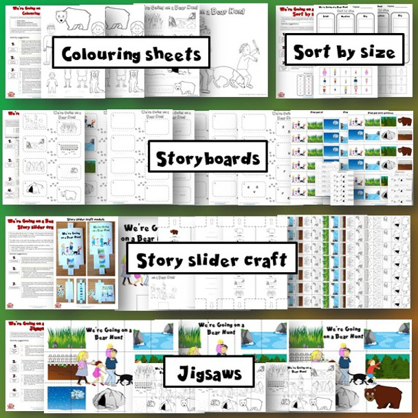 We're Going on a Bear Hunt coloring sheets, sort by size sheets, storyboards, story slider craft, jigsaws