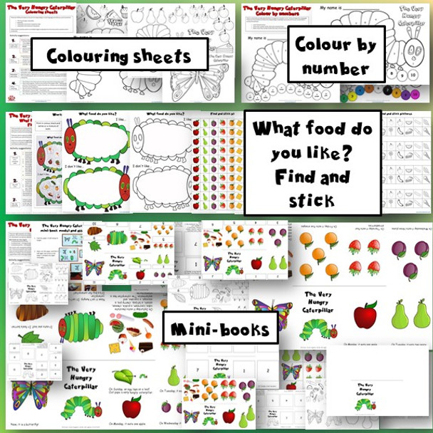 Coloring sheets, color by number, what food do you like? find and stick, mini-books