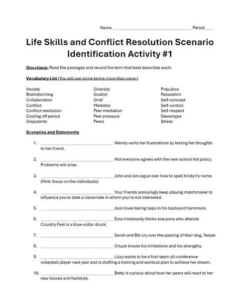 Life Skills and Conflict Resolution Scenario Identification Activity #1