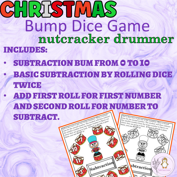 Christmas Addition and Subtraction Bump Game Nutcracker Drummer Math Dice Game