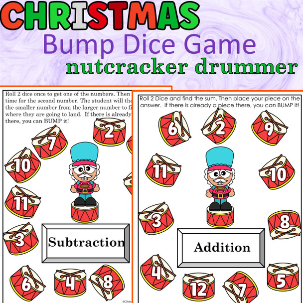 Christmas Addition and Subtraction Bump Game Nutcracker Drummer Math Dice Game