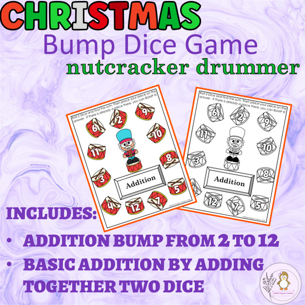 Christmas Addition and Subtraction Bump Game Nutcracker Drummer Math Dice Game