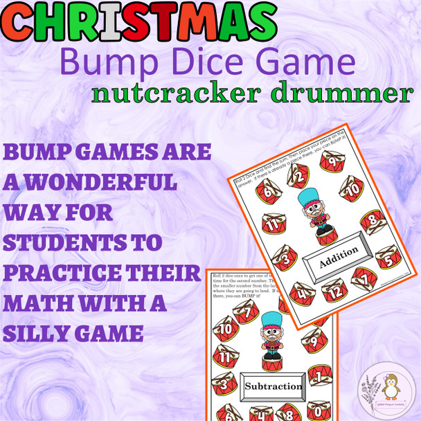 Christmas Addition and Subtraction Bump Game Nutcracker Drummer Math Dice Game