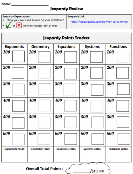 8th Math Review: Fun Jeopardy Game & Tracker!