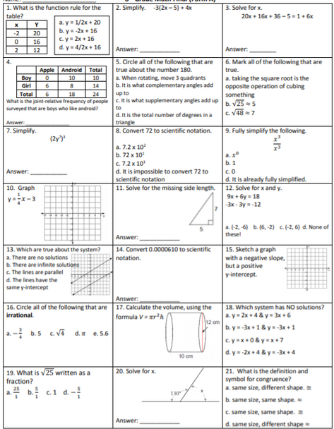 8th Grade Math Cumulative Final: 4 Versions with 39 Rigorous Questions