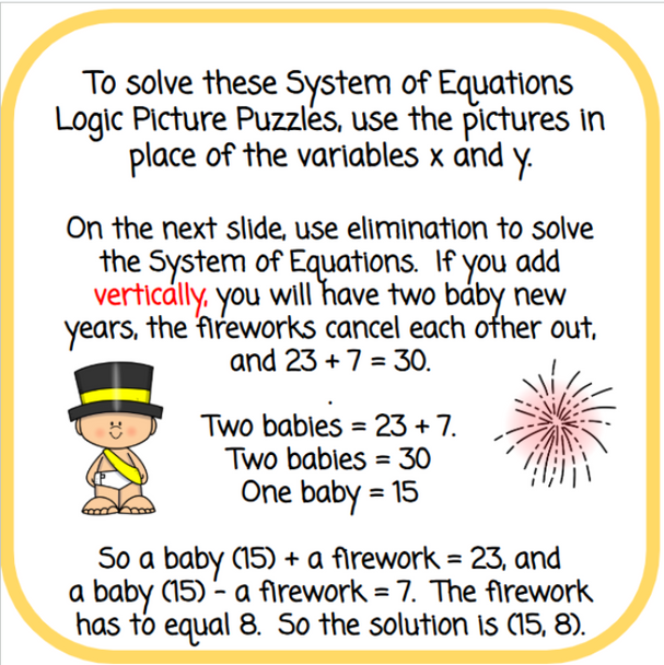 Systems of Equations Logic Picture Puzzles - New Year's Themed