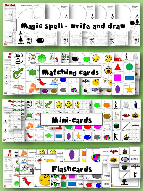 Meg's Eggs Activity Pack - magic spell write and draw sheets, matching cards, mini-cards, flash cards