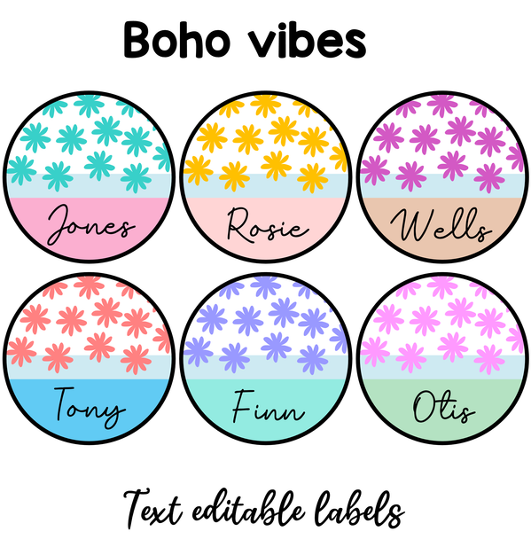 Printable Flower Student Name Labels, Colorful Botanical Nametags