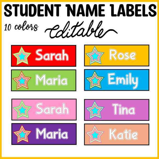 Printable Colorful Stars Student Name Plates, Student Name Labels,Name Posters