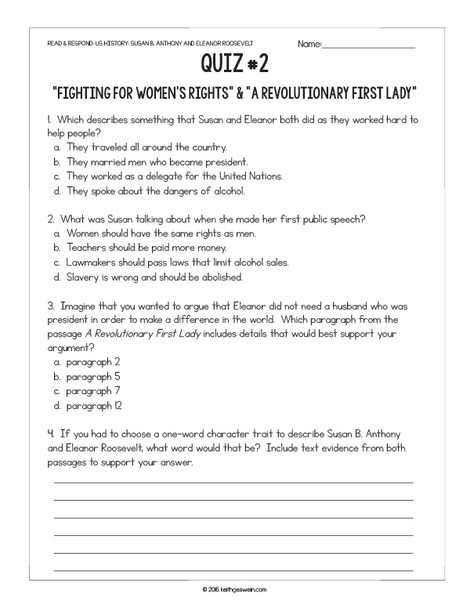 US History Paired Texts:  Susan B. Anthony and Eleanor Roosevelt