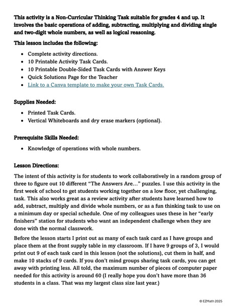 The Answers Are... Whole Numbers Part 3: A BTC Non-Curricular Thinking Task